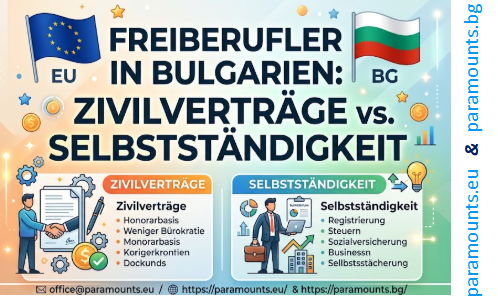 Video werde ich Ihnen zeigen, wie die Wahl zwischen einem Zivilvertrag und der Selbstständigkeit über tausende Euro entscheiden kann. Viele Freiberufler in Bulgarien zahlen unnötig hohe Abgaben, nur weil sie die falsche Vertragsform wählen. Wir klären heute, welches Modell Ihnen am Monatsende mehr Netto lässt, office@paramounts.eu https://paramounts.eu/ https://paramounts.bg/en/home/ , #BulgarienFreelance, #SelbstständigInBulgarien, #Zivilvertrag, #Steueroptimierung, #AuswandernBulgarien, #BulgarienSteuern, #FreelancerTipps, #BuchhaltungBulgarien Freiberufler in Bulgarien: Zivilverträge vs. Selbstständigkeit: Steuer- und Buchhaltungsleitfaden. Firmenregistrierung 190 EUR Freiberufler in Bulgarien: Zivilverträge vs. Selbstständigkeit (Steuer- & Buchhaltungsleitfaden) Bulgarien gilt mit seiner pauschalen Einkommensteuer von 10 % (Flat Tax) und moderaten Lebenshaltungskosten als einer der attraktivsten Standorte in der EU für Freiberufler, Digitale Nomaden und Dienstleister. Wer jedoch Dienstleistungen vor Ort oder an internationale Kunden erbringt, steht schnell vor der Frage: Unter welcher Rechtsform soll abgerechnet werden? Die beiden gängigsten Modelle zur Abwicklung freiberuflicher Tätigkeiten sind der Zivilvertrag (Граждански договор) und die Registrierung als Selbstständiger (Свободна професия). Beide Wege unterscheiden sich erheblich in Bezug auf Steuerabzüge, Sozialversicherungspflichten und Buchhaltungsaufwand. https://paramounts.eu/about-why-paramount/ https://paramounts.eu/accounting-services-payroll/ https://paramounts.eu/taxes-annual-closing/ https://paramounts.eu/accounting-legislation-links/